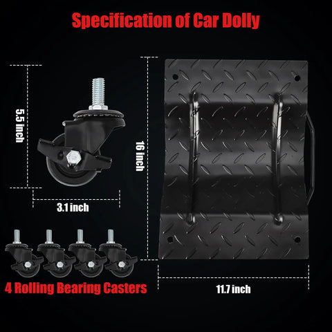 Heavy Duty Car Dolly 4 Pack With Locking Wheels And Reinforced Steel Deck 6000 Lbs Capacity Auto Mover Kit specifications detailing sizes and features.