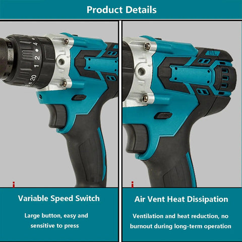 Tough As Nails Brushless Cordless Hammer Drill With 2400 Rpm Dual Speed Motor showing variable speed switch and air vent heat dissipation.