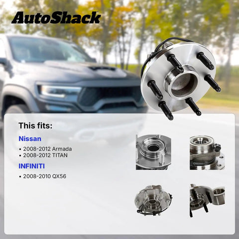 Heavy Duty Front Wheel Hub Bearing Assembly Pair With 6 Lug Bolts For Nissan Titan And Armada 5.6L displayed with truck. Silver design, 6 lug