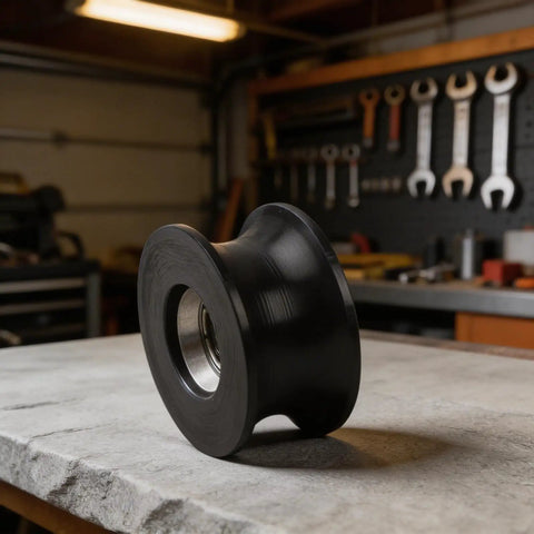 Tough As Nails Nylon Pulley Wheels For Door And Window Track 4 Pack Silky Smooth Replacement Rollers Pre Greased For Effortless Glide heavy duty wheel on a workbench.