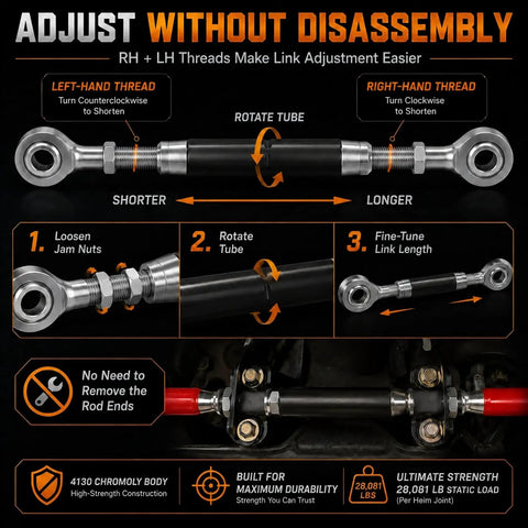 Built Tough Three Quarter Inch Heim Joint Rod End Kit With 4130 Chromoly Bodies And 52100 Steel Balls adjustment guide and details.