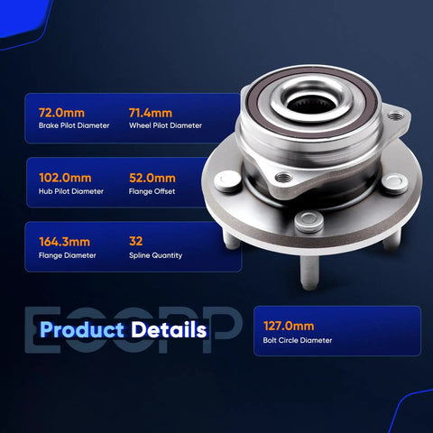 Heavy Duty 513324 Wheel Hub Bearing Kit 2 Pack For Jeep Grand Cherokee front and rear assembly with dimensions listed.