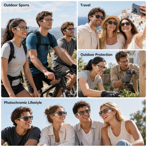Built Tough Photochromic Safety Glasses With Auto Darkening Lenses Shifting From Clear Indoor View To Dark Shades Outside, worn outdoors during sports and travel.