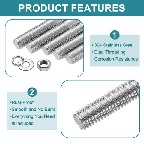 uxcell 10pcs M3x80mm double-ended stainless steel studs with nuts and flat and lock washers