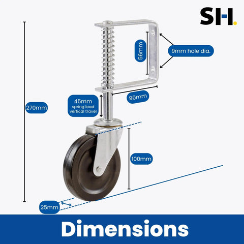 Top Shelf Heavy Duty Spring Loaded Swivel Gate Caster With Kickin 4 Inch Black Polyurethane Wheels showing dimensions and spring mechanism.