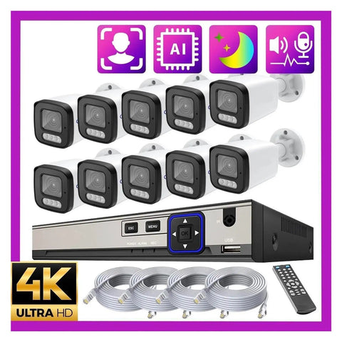 4K 8MP PoE CCTV NVR Surveillance Security Camera Kit includes 8 cameras, NVR, cables, remote for easy setup and monitoring.