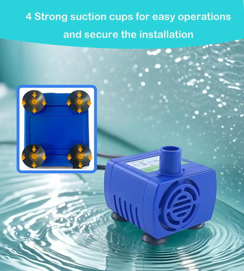 Cat Water Fountain Pump Submersible USB 5V, Ultra Quiet No Fuss Auto Shut Off, shown with water level sensor and suction cups.