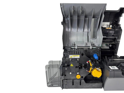 Solid Workhorse Dual-Sided ID Card Printer With Built-In Laminator And USB LAN Connectivity For Crisp CR-80 Results At 300 DPI internal mechanism showing grey body and durable design.