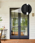 3 Pack 4 Inch Self Closing Door Hinges Showing Off Slick Smooth Operation In Matte Black Finish Square Shape, installed on double doors in a stylish outdoor setting.