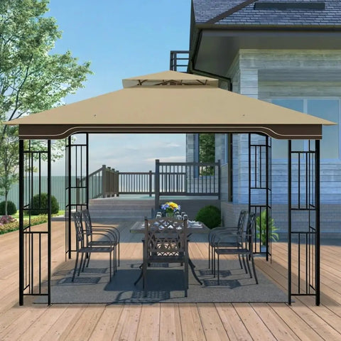 10x12 Regency II Gazebo Canopy Replacement for Model LGZ798PST Tough As Nails Heavy Duty Ripstop Waterproof UV Protective Top Cover in Khaki Precision Cut for a Snug Fit and All Weather Outdoor Shade installed on a gazebo frame on a deck.