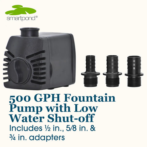 Beefed-Up 500 GPH Fountain Pump With Low Water Shut Off Auto Shut Off To Prevent Burnout 7 Ft Pumping Height adapters