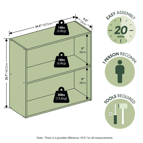 Dimensions and assembly guide for Premium Two Tier Closet Organizer with White and Open Shelves for Bedroom Clothes Storage.