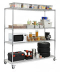 Heavy Duty Metal Wire Shelving Rack With Smooth Rolling Casters And 550 Lb Load Capacity built with a silver steel frame, organized with diverse items.