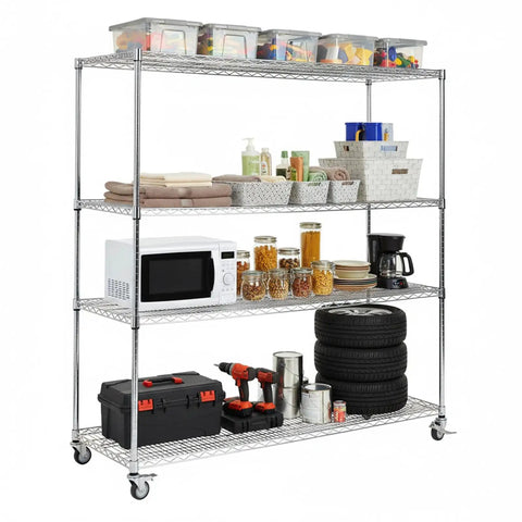 Heavy Duty Metal Wire Shelving Rack With Smooth Rolling Casters And 550 Lb Load Capacity built with a silver steel frame, organized with diverse items.