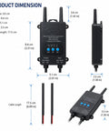 Built Tough DC Motor Wireless Remote Control Switch dimensions with antennas, buttons, and input output ports for 6V to 36V systems.