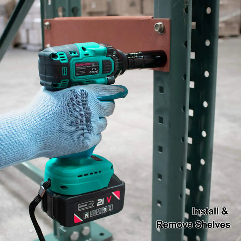 User operates 20V Cordless Impact Wrench One Half Inch Drive With Brushless Motor, fastening shelf bolts