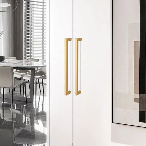 Hella Sleek And Top Shelf 10 Pack 15 Inch Cabinet Pulls For Kitchen Cabinets And Dresser Drawers Stainless Steel Gold Square Handles on white cabinetry.