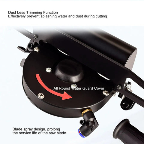 Detail of Portable Electric Tile Chamfering Machine For 45 Degree Bevel Trimming showing dustless trimming function and water guard cover.