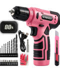 No Sweat Cordless Drill Driver Kit Featuring 62 Piece Precision Screwdriver Bit Set With Live Battery Percentage Display for home repairs, pink cordless drill.