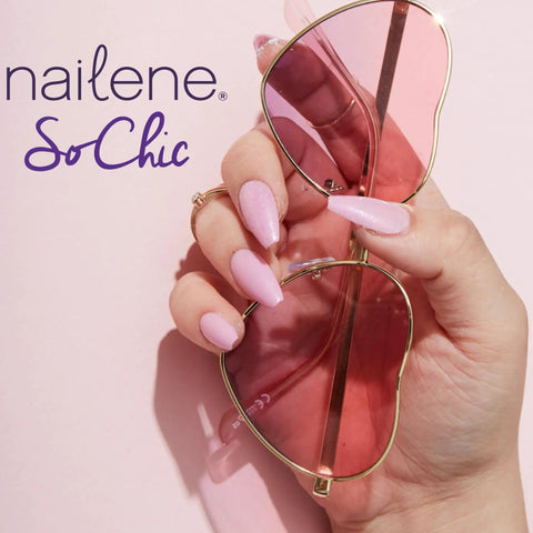Perfect Bond Nail Glue For Natural And Artificial Nails, hand with pink nails holding pink sunglasses