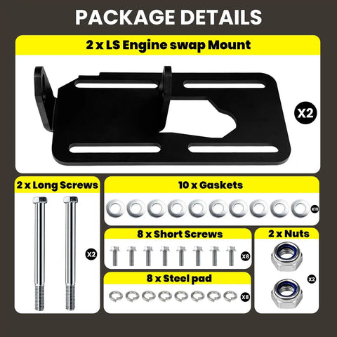Premium Grade Rock Solid Slotted LS Swap Motor Mounts For Custom Tilt And Clearance Fixes Works With Manual Or Auto Transmissions Quick Shop Install Beat Fitment Bull, package details with screws and gaskets.