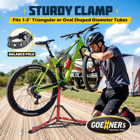 Heavy Duty Folding Bike Repair Stand With Adjustable Height And 360 Degree Clamp Built To Last Lightweight Aluminum Frame Portable Tool Tray Stable Maintenance Stand For Road Bikes E Bikes And Mountain Bikes in use outdoors