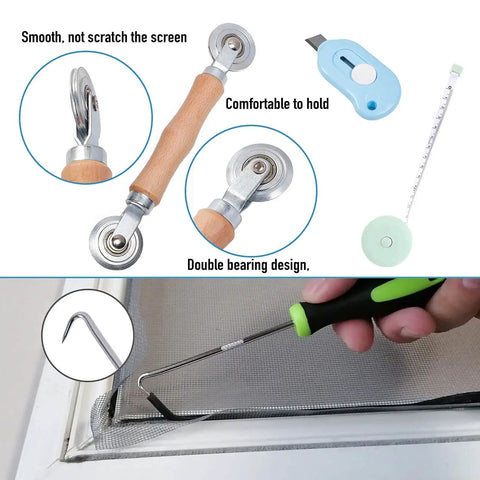 Tools from All In One Window Screen Repair Kit with 48x118 charcoal fiberglass mesh, including spline cutter, ruler, hook, knife.
