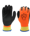 Orange and black insulated gloves with rough grip, showing front and back view; Full Double Coated Natural Rubber Latex Winter Work Gloves.