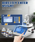 Straight Up Automatic Liquid Filler Machine With Digital Scale And Heavy Duty Peristaltic Pump For Essential Oil Perfume And Spray Bottles, showing digital interface and liquid containers.