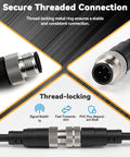 Heavy Duty M12 A Coded 4 Pin Male To Female Sensor Cable 3 Meter 22Awg Copper Wiring With Gold Plated Connectors close-up of secure threaded connection.