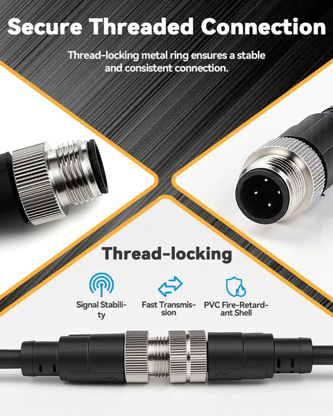 Heavy Duty M12 A Coded 4 Pin Male To Female Sensor Cable 3 Meter 22Awg Copper Wiring With Gold Plated Connectors close-up of secure threaded connection.