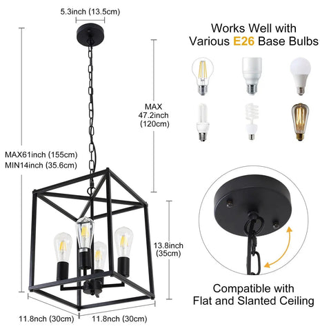 Black Farmhouse Four Light Chandelier Pendant For Dining Room And Kitchen Island Adjustable Height Industrial Lantern Fixture