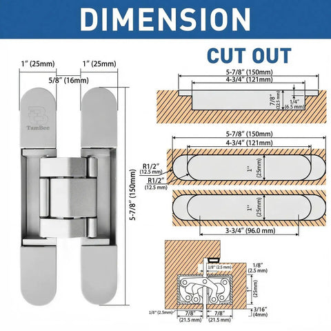Dimensions of Badass Silent Hidden Door Hinges Six Inch Outswing Concealed Butt Hardware for precise installation.