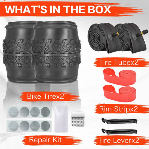 Foldable Mountain Bike Tire Set For 26 And 29 Inch Wheels With Inner Tubes Repair Kit Rim Strips Tire Levers And AV 32mm Schrader Valves included in box
