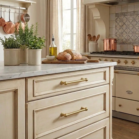 Kickass 10 Inch Cabinet Pulls Crafted From Solid Zinc Alloy With A Smooth Brushed Brass Finish on kitchen drawer close-up