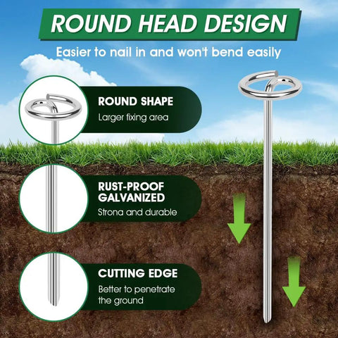 Image of 120 Pieces Heavy Duty Landscape Fabric Pins 8 Gauge Galvanized Steel Garden Staples Stakes With Round Head, highlighting round shape, rust-proof galvanized steel, and cutting edge.