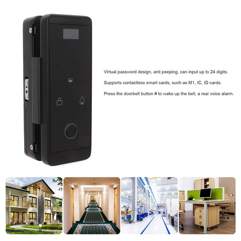 Biometric Door Lock With No Keys Needed And Four Easy Unlock Methods Fingerprint Password IC Card Or Keypad Plus Remote Unlock Real Voice Alerts And Doorbell Black on a door with virtual password design and multiple unlock options.