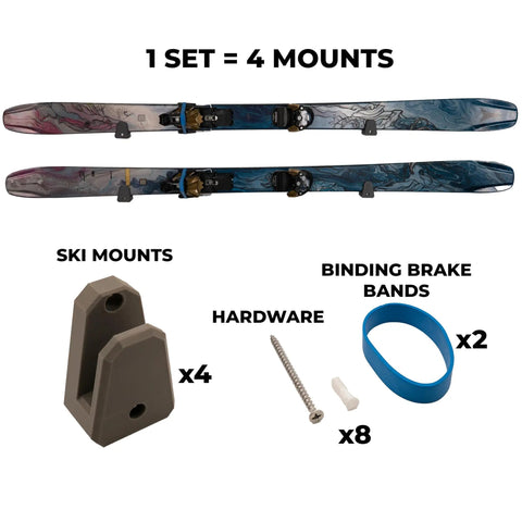 Slick Horizontal Ski Rack Wall Mount Bracket Black Hookless Design shows 4 ski mounts, hardware, and binding brake bands.