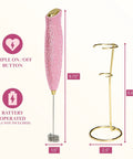 Electric Rhinestone Handheld Milk Frother With Double Coil Whisk And Gold Stand Pink Battery Powered Portable Frother For Lattes Cappuccinos And More Fast Foaming In Under 30 Seconds Requires 2 AA Batteries Not Included shown with stand and dimensions
