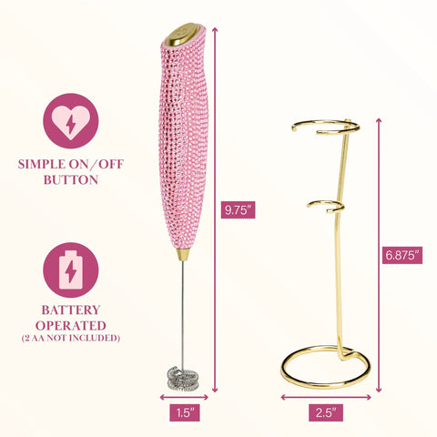 Electric Rhinestone Handheld Milk Frother With Double Coil Whisk And Gold Stand Pink Battery Powered Portable Frother For Lattes Cappuccinos And More Fast Foaming In Under 30 Seconds Requires 2 AA Batteries Not Included shown with stand and dimensions