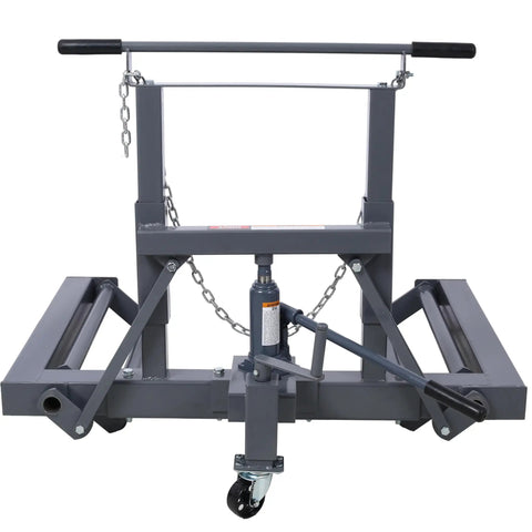 Heavy Duty Adjustable Height Dual Wheel Dolly With 1500 Lbs Lift Capacity For Rig Moving And Vehicle Repair includes hydraulic jack and swivel casters.