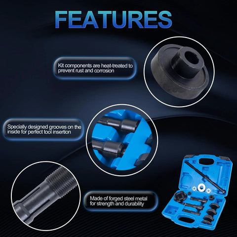 Features of Harley Davidson Wheel Bearing Puller Tool Kit for Motorcycles from 2000 onward with rust-resistant components and storage case.