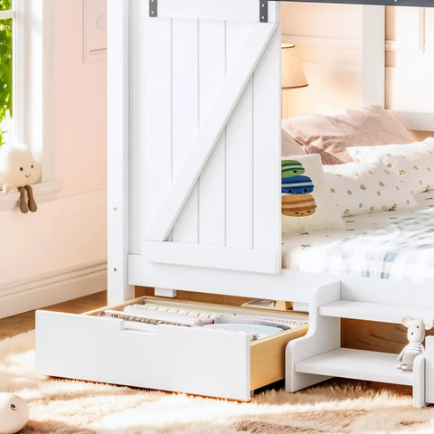 Kid Approved Full Size Floor Bed Frame With Sliding Barn Door And Built In Soft Glow Light Farmhouse House Shaped Sleeper, featuring storage drawer.
