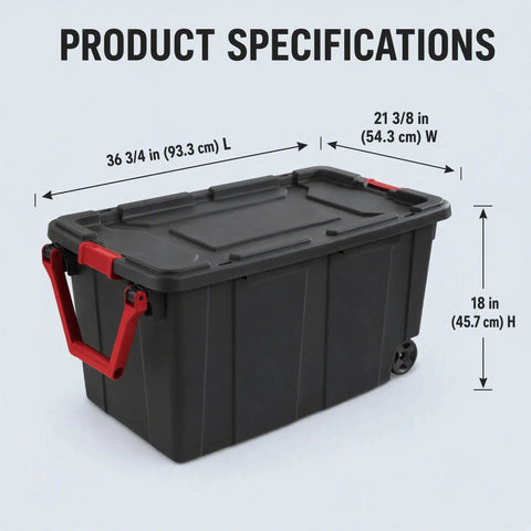 Two Pack 160 Quart Black Stackable Rolling Storage Bins with Heavy Duty Red Latches and Smooth Glide Wheels for Garage Organization and Moving Loads Like a Champ without Breaking a Sweat dimensions shown on black bin.