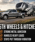 Hella Tough High Temp Wheel Bearing Grease With Tacky Lithium Complex For Heavy Loads And Disc Brakes Battle Tested Extreme Heat Resistance Waterproof Lubricant 14 Ounce Tubes 10 Pack Bulk truck towing a fifth wheel RV on a gravel road.