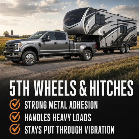 Hella Tough High Temp Wheel Bearing Grease With Tacky Lithium Complex For Heavy Loads And Disc Brakes Battle Tested Extreme Heat Resistance Waterproof Lubricant 14 Ounce Tubes 10 Pack Bulk truck towing a fifth wheel RV on a gravel road.