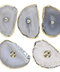 Natural Agate Slice Cabinet Knobs For Drawers And Cupboard Doors Solid Rough Edge Stone Drawer Pulls With Zero Hassle Mounting Total Home Glow Up Kit Pack Of Four, showcasing five unique agate slices with gold edges.