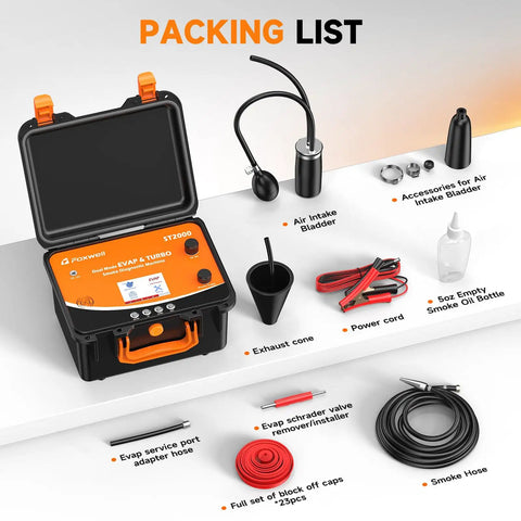 Pro Level Automotive Smoke Machine Leak Detector For Evap And Turbo Systems With Dual Pressure Modes and accessories displayed in packing list.