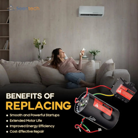 Heavy Duty Hard Start Capacitor Kit With Relay Delivers Slick Kickstart For 4 To 5 Ton AC Compressors on couch with user.