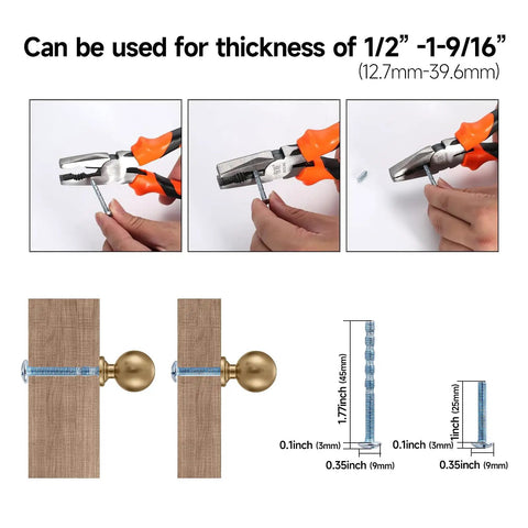 Installation guide for Premium Zinc Alloy Cabinet Knobs and Drawer Pulls; shows screw length options and thickness compatibility.